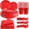 210 Pieces Red Party Supplies Disposable Dinnerware Set, Including Red Plastic Plates, 12OZ Cups, Plastic Cutlery and Paper Napkins